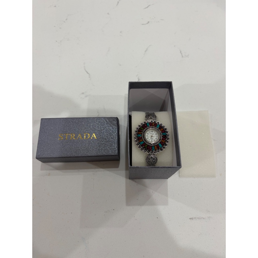 Strada Womens Quartz Watch Multi Color Gemstone Bezel Silver Tone Filigree Box